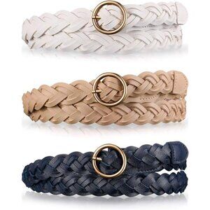 3 Pcs Women's Braided Leather Belt Skinny Woven Braided Belt O Ring Buckle
